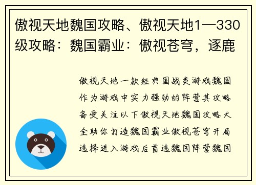 傲视天地魏国攻略、傲视天地1—330级攻略：魏国霸业：傲视苍穹，逐鹿天下